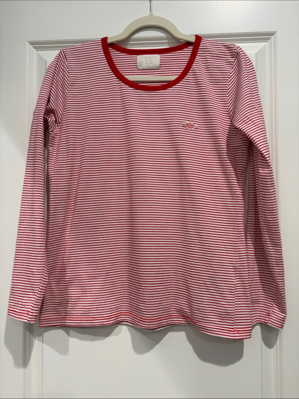 Women’s Red & White Stripe Long-Sleeve Cotton Basic Classic Nautical Top, M